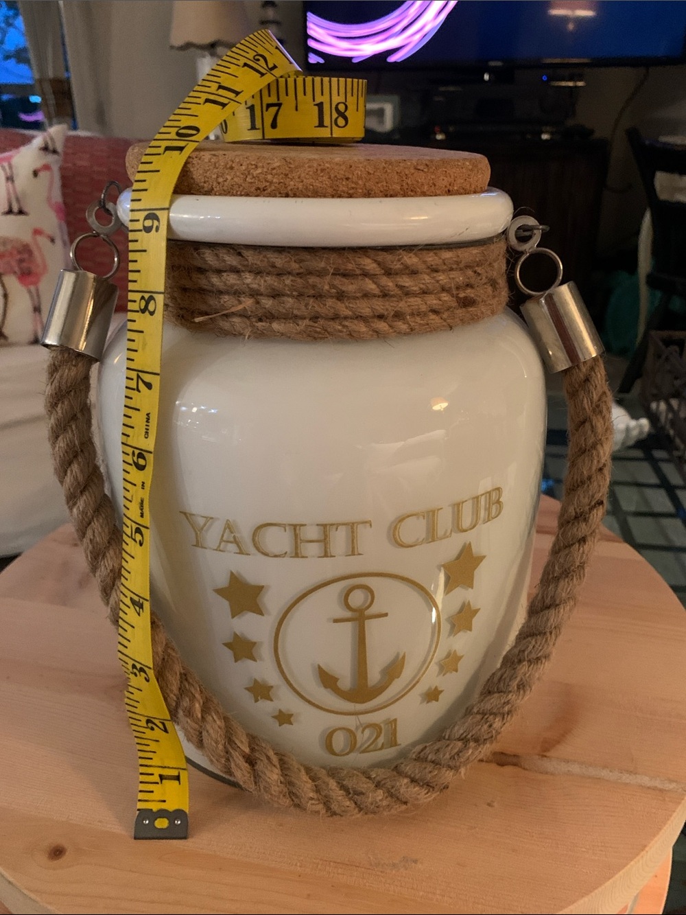 Yacht Club 021 Nautical Rope Handle White Glass Jar 9.5”H 8”Diameter